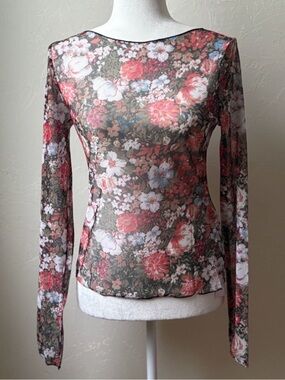 Yoins Sheer Floral Mesh Long Sleeve Fairy Grunge Y2K Top Medium